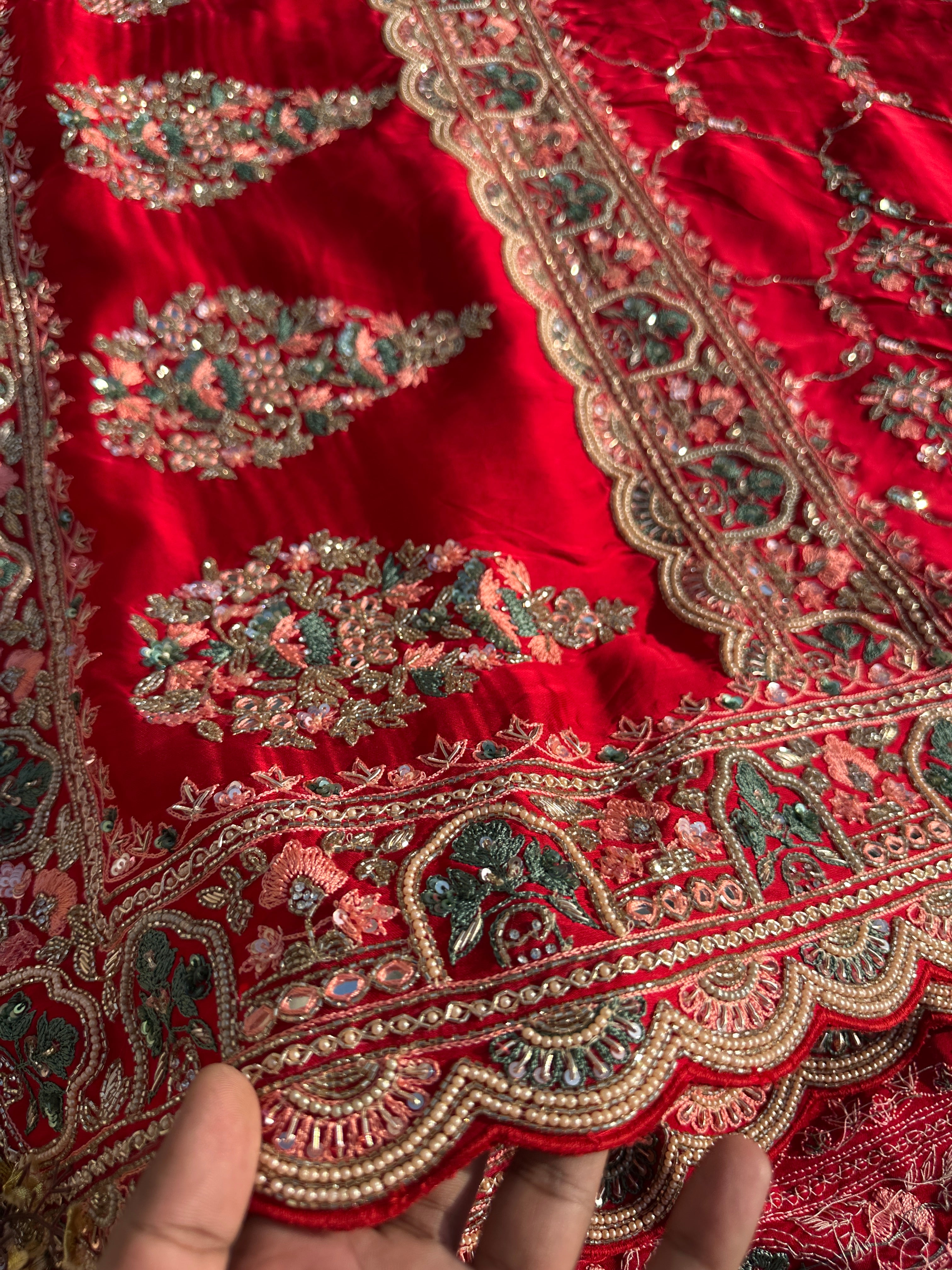 Red Tissue Saree with Unstitched Blouse with Thread, Dabka, Cutdana, Sequins, Mirror, Cutwork and Hand Work Embroidery 6